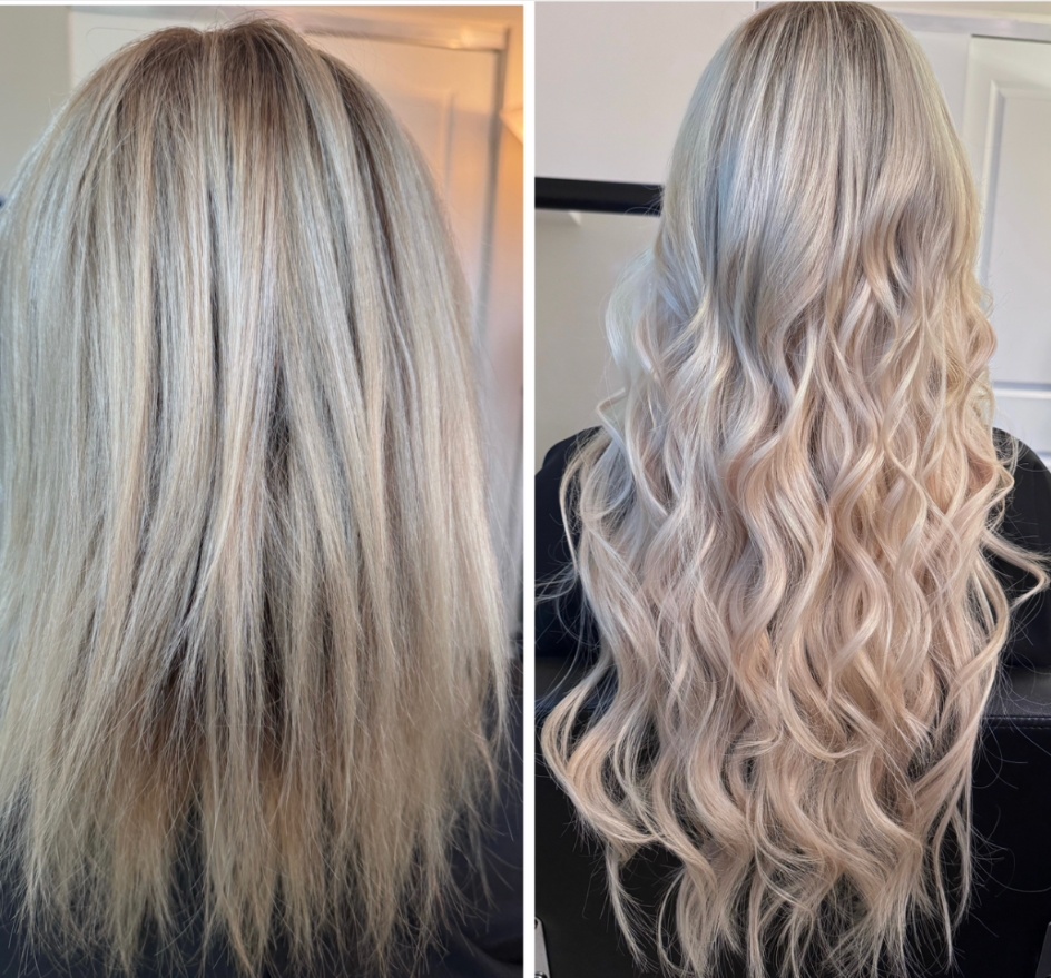 Invisible bead extensions before and after blonde transformation