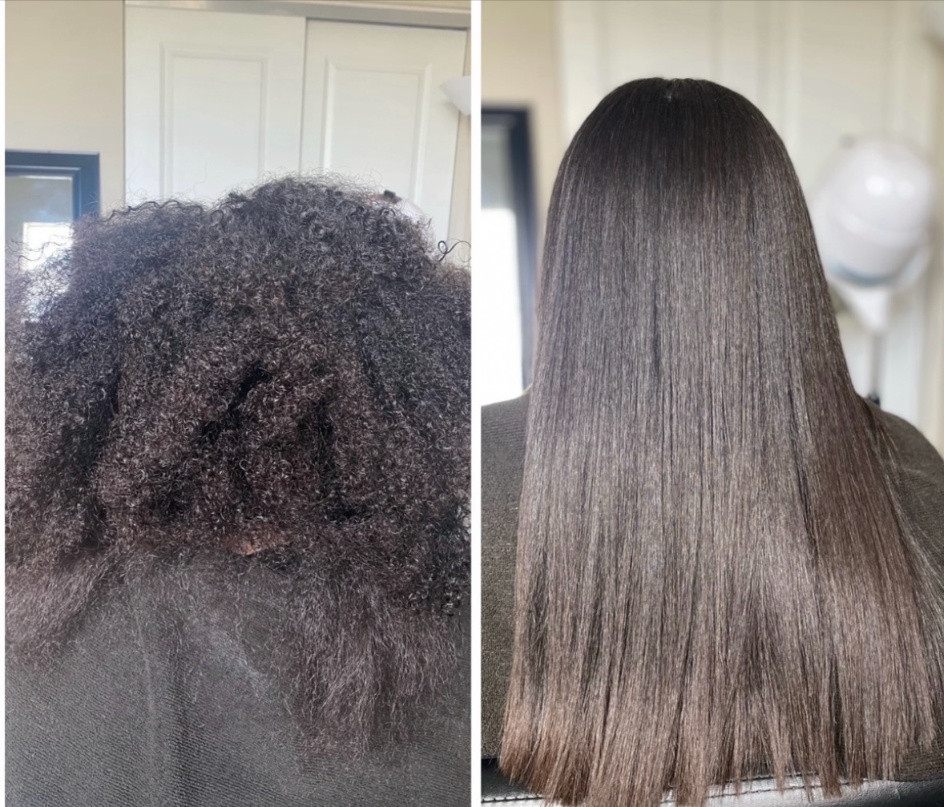 Silk press and haircut before and after on natural textured hair